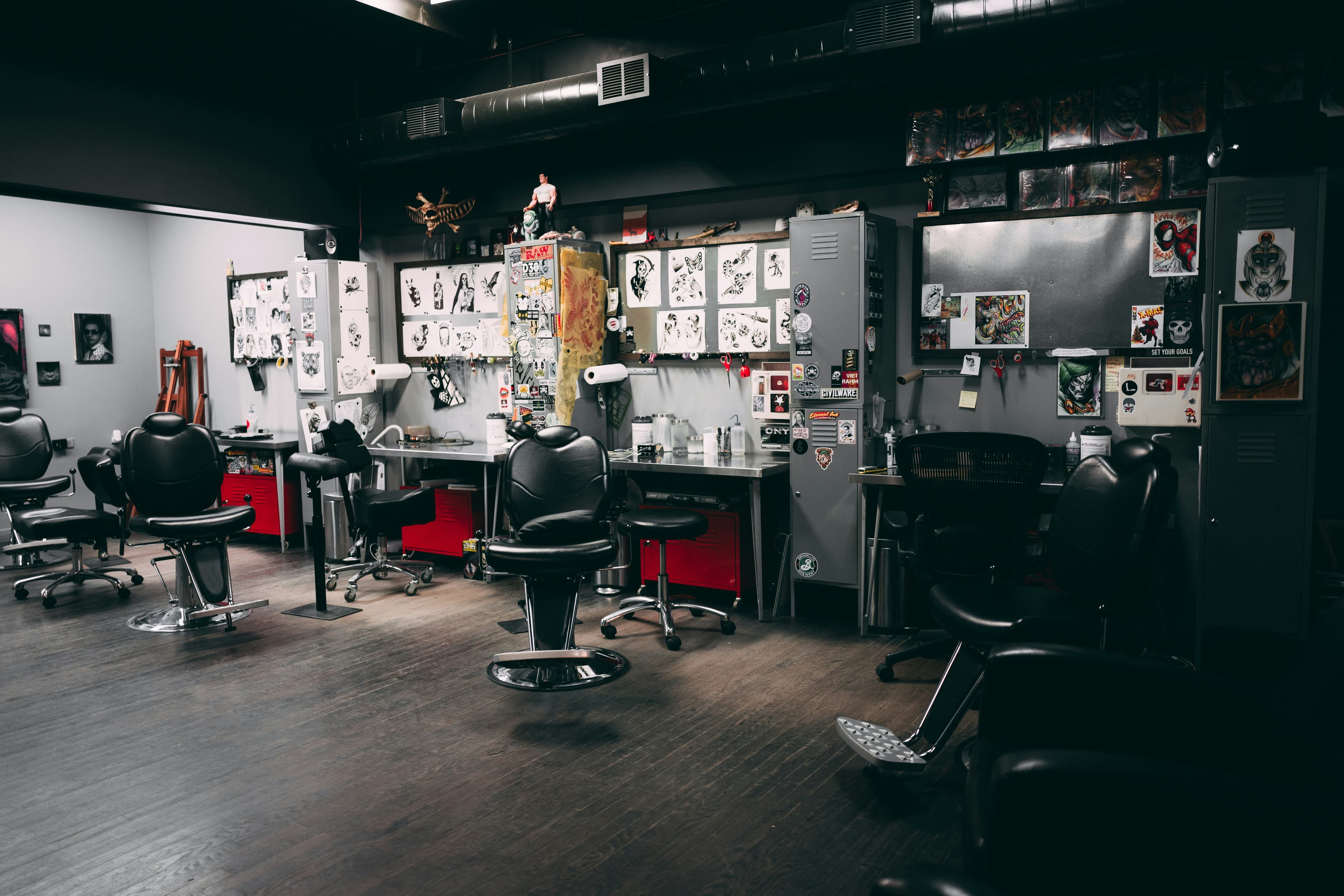 Barber chairs and workstations in a carefully arranged barbershop